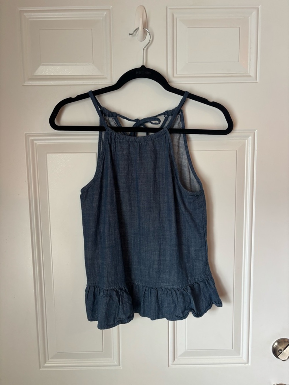 Harlowe & Graham Dark Chambray Tie-Back Ruffle Tank